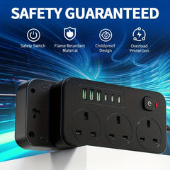 9-in-1 Power Socket Surge Protector, Power Socket/power Board/power Strip, 3250W, 13A, 2M Extension Cord, Portable Power Socket, Overload Protection, 3 AC Power Sockets, 6 USB Ports, Suitable For Home, Kitchen, Office Or Hotel Use