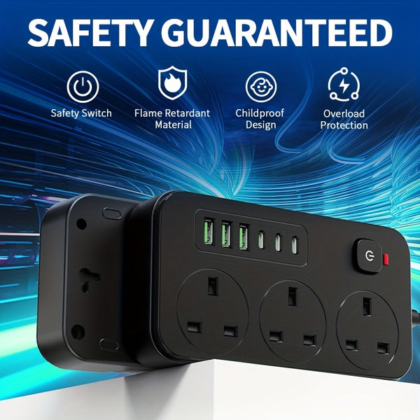 9-in-1 Power Socket Surge Protector, Power Socket/power Board/power Strip, 3250W, 13A, 2M Extension Cord, Portable Power Socket, Overload Protection, 3 AC Power Sockets, 6 USB Ports, Suitable For Home, Kitchen, Office Or Hotel Use