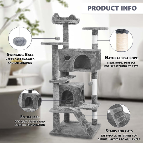138 cm Cat Tree Tower – Multi-Level Cats Activity Centre with Scratching Posts, Condos, Ladder & Platforms – Indoor Cat Climbing House for Play, Rest & Fun