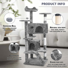 138 cm Cat Tree Tower – Multi-Level Cats Activity Centre with Scratching Posts, Condos, Ladder & Platforms – Indoor Cat Climbing House for Play, Rest & Fun
