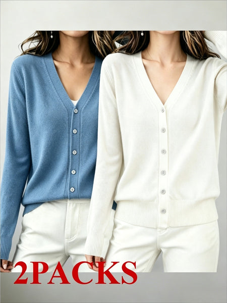 2pcs (2-Pack) Women's Soft Cardigan Sweater - V-Neck Button Button-Front Closure, -Line Regular Fit Button Collar Sweaters Suitable for Daily Wear, Spring/Summer Blouses for Office, Casual & Layering