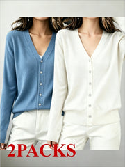 2pcs (2-Pack) Women's Soft Cardigan Sweater - V-Neck Button Button-Front Closure, -Line Regular Fit Button Collar Sweaters Suitable for Daily Wear, Spring/Summer Blouses for Office, Casual & Layering
