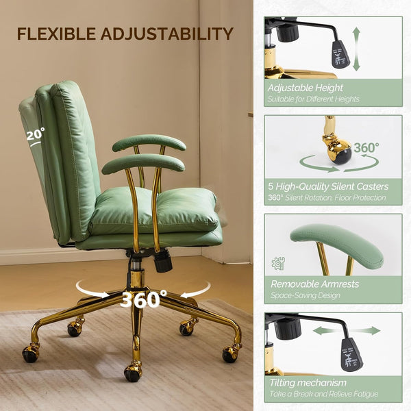 Office Chair Desk Chair with Wheels & Removable Armrests Gold Base Vanity Chair with Back Adjustable Rolling Swivel Computer Task Chair PU Leather