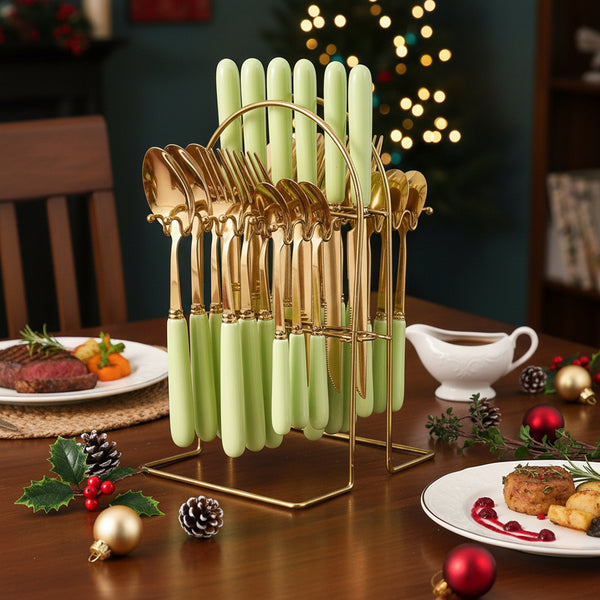 24pcs Stainless Steel Tableware Set with Ceramic Handles, Fork Spoon Set with Utensil Holder, for Home Use/Restaurant, Serves for 6 People