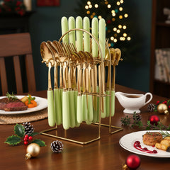 24pcs Stainless Steel Tableware Set with Ceramic Handles, Fork Spoon Set with Utensil Holder, for Home Use/Restaurant, Serves for 6 People