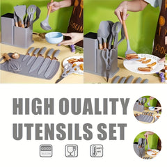 23pcs Silicone Kitchenware And Kitchen Knife Set | Heat Resistant Silicone Cutlery with Wooden Handle | Chef Knife | Non-Stick Friendly Tool | Easy to Cook And Clean | Convenient to Carry | Suitable for School, Home, Outdoor Use | Mother'S Day