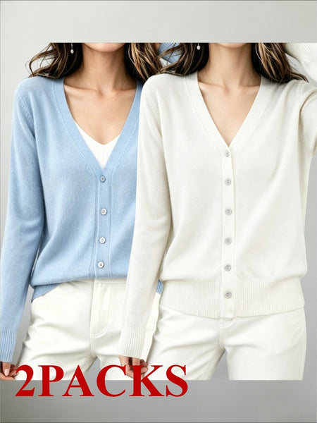 2pcs (2-Pack) Women's Soft Cardigan Sweater - V-Neck Button Button-Front Closure, -Line Regular Fit Button Collar Sweaters Suitable for Daily Wear, Spring/Summer Blouses for Office, Casual & Layering