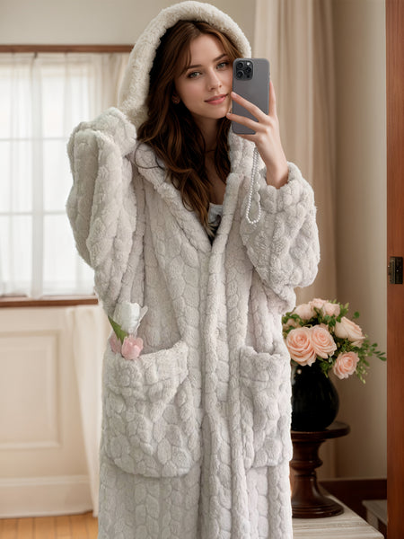 Adult Women's Hooded Night Dress - Preppy Style, Soft Flannel & Polyester Knit Fabric - Fall/Winter Lounge Wear | Cozy Fleece with Pockets | Machine Washable
