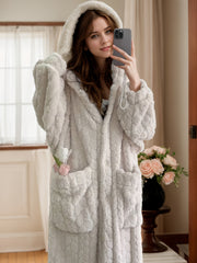 Adult Women's Hooded Night Dress - Preppy Style, Soft Flannel & Polyester Knit Fabric - Fall/Winter Lounge Wear | Cozy Fleece with Pockets | Machine Washable
