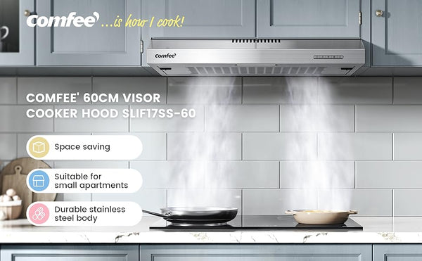 Midea COMFEE' 60 Cm Visor Cooker Hood - Compact LED Under Cabinet Hood, Wall-Mounted Extractor Fan for 600 Mm Kitchen Areas, Home-Friendly Top Vented Stainless Steel Range Hood [Energy Class B]