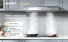 Midea COMFEE' 60 Cm Visor Cooker Hood - Compact LED Under Cabinet Hood, Wall-Mounted Extractor Fan for 600 Mm Kitchen Areas, Home-Friendly Top Vented Stainless Steel Range Hood [Energy Class B]
