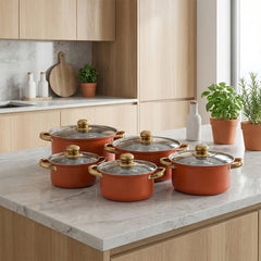 Stainless Steel Soup Pot Set (10PCS), Multi-Purpose Household Milk and Soup Pots, Multiple Sizes for Daily Cooking, Hot Pot and Noodles, Gold-Plated Handle, Orange