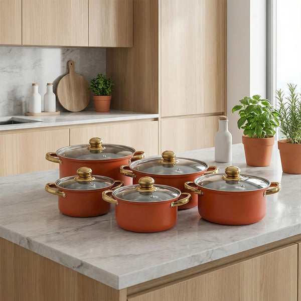 Stainless Steel Soup Pot Set (10PCS), Multi-Purpose Household Milk and Soup Pots, Multiple Sizes for Daily Cooking, Hot Pot and Noodles, Gold-Plated Handle, Orange