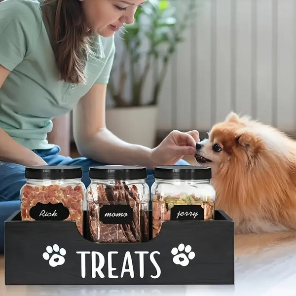 5-in-1 Wooden Pet Food Storage + 3 Plastic Jars + 1 Sticker – Uncharged Container for Dog & Cat Food Storage – Durable Wood Material Farmhouse Style Organizer for Pet Treats