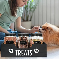 5-in-1 Wooden Pet Food Storage + 3 Plastic Jars + 1 Sticker – Uncharged Container for Dog & Cat Food Storage – Durable Wood Material Farmhouse Style Organizer for Pet Treats