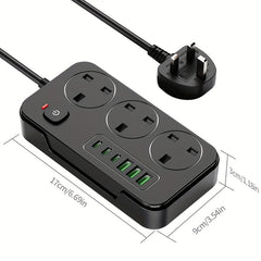 9-in-1 Power Strip Surge Protector, Power Socket/ Power Board/ Extension Cord, 3250W, 13A, Portable Power Socket, Overload Protection, 3 AC Power Sockets, 6 USB Ports, Suitable for Home, Kitchen, Office Or Hotel Use