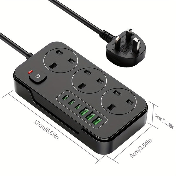 3-outlet Power Strip/ Power Socket/ Extension Cord with 3 USB-A And 3 USB-C Ports, Compatible with 220V-240V, 1.8m Cable, UK Plug, Suitable for Home, Kitchen, Outdoor, Hotel, Office, Cruise Vacation.