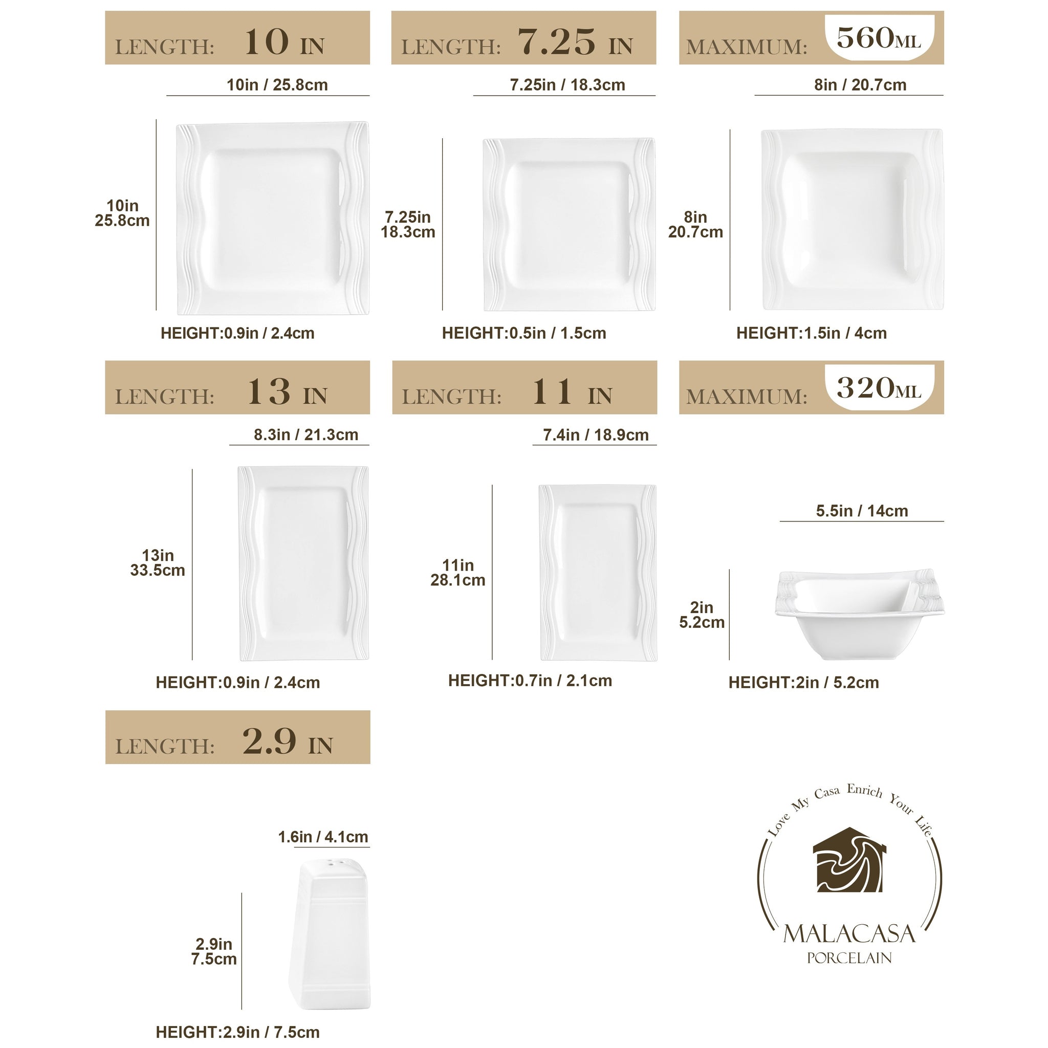 Set of 28 White Porcelain Square Dinnerware, Includes Plates And Bowls for 6 People