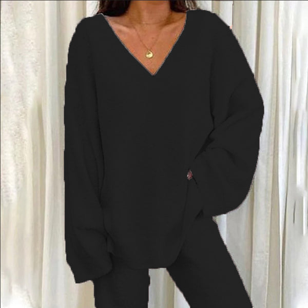 Women'S Winter Cozy Solid Color V-Neck 2pcs Casual Set - Soft Warm Outfits for Home Relaxation, Weekend Streaming & Cozy Friend Gatherings, Lounge Set, Casual Wear, Relaxed Fit, Vneck Design, Breathable Material, Comfortable Fabric, Twopiece Outfit, Women