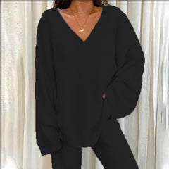 Women'S Winter Cozy Solid Color V-Neck 2pcs Casual Set - Soft Warm Outfits for Home Relaxation, Weekend Streaming & Cozy Friend Gatherings, Lounge Set, Casual Wear, Relaxed Fit, Vneck Design, Breathable Material, Comfortable Fabric, Twopiece Outfit, Women