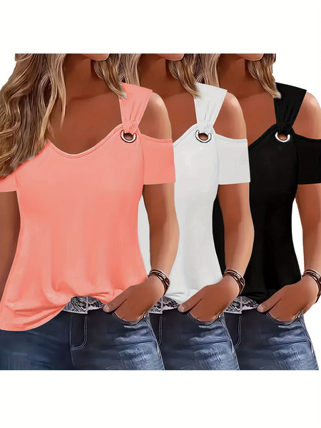 Three-Piece Summer Off-Shoulder Short-Sleeve T-Shirt, Casual Loose Eyelet V-Neck Solid Color Basic Off-Shoulder Short-Sleeve Top