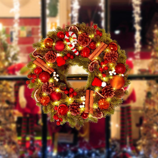 Christmas Wreath, 40Cm/16Inch Battery Powered Christmas Door Wreaths with 40Leds, Artificial Xmas Wreaths with Timer Function 8 Modes for Front Door Fireplace Festival Wall Decoration