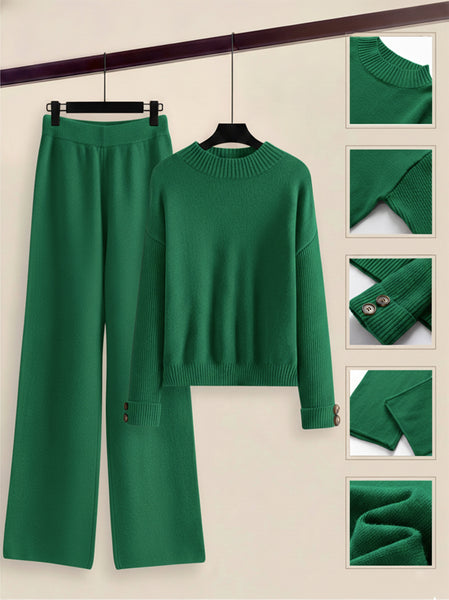 Women's 2pcs Set with Side Stripe| Crewneck Sweater & Relaxed Fit Straight Leg Pants| Soft Loungewear for Spring Autumn | European Casual Y Style