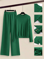 Women's 2pcs Set with Side Stripe| Crewneck Sweater & Relaxed Fit Straight Leg Pants| Soft Loungewear for Spring Autumn | European Casual Y Style