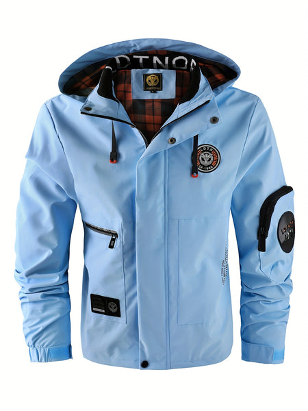 Multiple Pocket Design Men's Embroidery Long Sleeve Zip Up Drawstring Hooded Jacket, Men's Stand Collar Thin Jacket for Spring Outdoor
