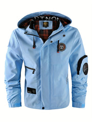 Multiple Pocket Design Men's Embroidery Long Sleeve Zip Up Drawstring Hooded Jacket, Men's Stand Collar Thin Jacket for Spring Outdoor