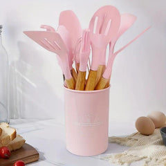 12pcs Silicone Kitchen Cooking Utensils Set with Wood Handle - Reusable Tableware Set for Camping, Picnic, Home, Party And Dinner
