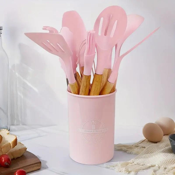 12pcs Silicone Kitchen Cooking Utensils Set with Wood Handle - Reusable Tableware Set for Camping, Picnic, Home, Party And Dinner