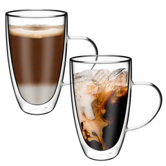 Vinsani Double Walled Coffee Drink Glasses Tea Cup Mug Heat Cold Resistant Aesthetic Clear Borosilicate Glass with Handle Cappuccino Latte Tea Dessert Hot and Cold Drinks