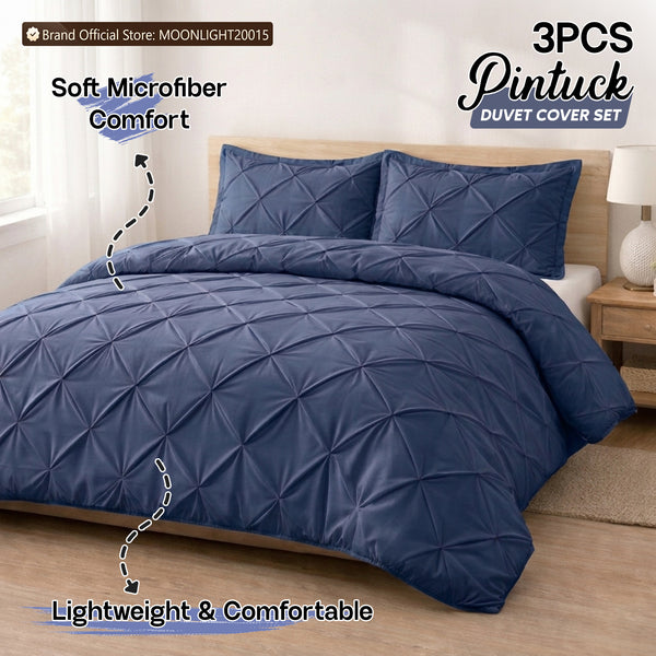 3pcs Luxury Pintuck Duvet Cover Set – Soft Breathable Microfiber Bedding Set, Elegant Pleated Design, Hotel Quality, Machine washable, All season use for Single, Double, King & Super King Sizes