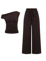 KatchMe Women's 2-Piece Outfit - Sloping Shoulder Top & Wide Leg Pants Set, Shirred Detail Matching Coord, Minimalist Solid Color Two Piece