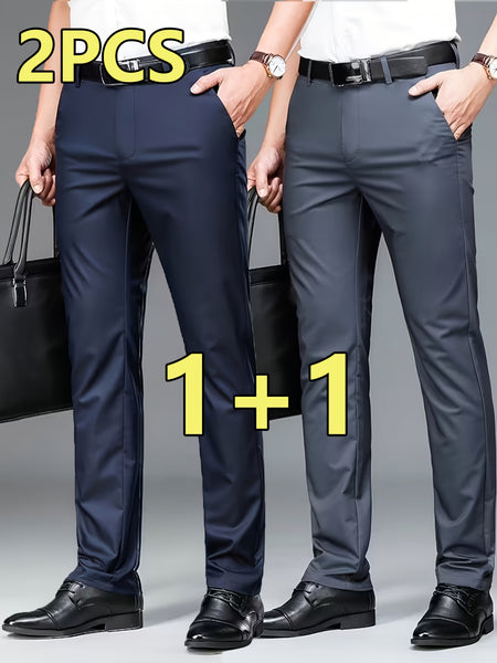 2pcs Men's Professional Business Dress Pants, Office Trousers with Stretch, Versatile Black Straight-Leg Casual Pants for Work