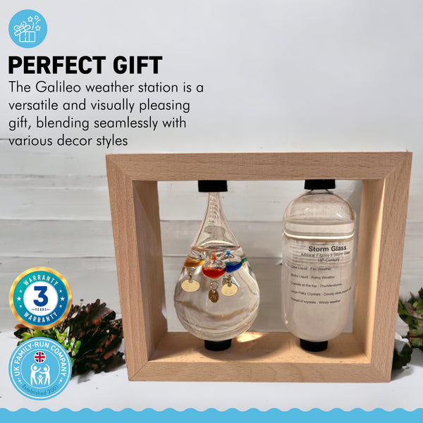 GALILEO WEATHER STATION | Glass thermometer | Weather forecaster | Weather gift | Glass Galileo with storm glass | Weather thermometer | 14cm (H) x 17cm (W) x 5cm (D)
