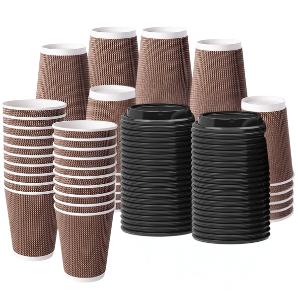 VIP Brown Ripple Wall Paper Disposable Cups with Black Lid - Pack of 100, Available Sizes: 8oz & 12oz - Perfect for Hot & Cold Beverages