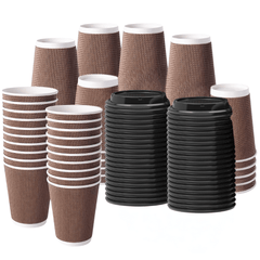 VIP Brown Ripple Wall Paper Disposable Cups with Black Lid - Pack of 100, Available Sizes: 8oz & 12oz - Perfect for Hot & Cold Beverages