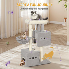98 Cm Scratching Post, Cat Tree, Small Scratching Post, Multi-Storey Scratching Post with Perch, Cat House Furniture with 2 Caves, Sisal Cat Scratching Post, Hammock, Cave