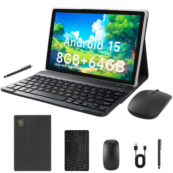 Tablet Computer, 10.1 Inches, Equipped with The Latest Android 15 System, Maximum Expandable 1TB Storage, 8GB RAM (4GB+4GB Expandable), 64GB ROM, Equipped with Keyboard, Mouse, Stylus and Protective Case, Stylus Color Random, 5000mAh Battery