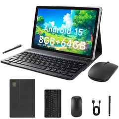 Tablet Computer, 10.1 Inches, Equipped with The Latest Android 15 System, Maximum Expandable 1TB Storage, 8GB RAM (4GB+4GB Expandable), 64GB ROM, Equipped with Keyboard, Mouse, Stylus and Protective Case, Stylus Color Random, 5000mAh Battery