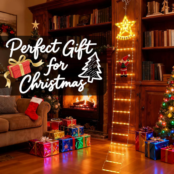 Fohil 9.8FT Christmas Ladder Lights with Top Star & Climbing Santa, Waterproof Outdoor Christmas Lights 8 Lighting Modes, Outdoor Christmas Decorations for Window Garden Wall Tree Xmas Decor