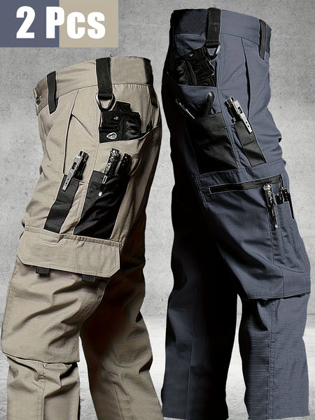 2pcs Men's Tactical Cargo Pants, Durable Multi-Pocket Work Pants for Outdoor Construction Work, Hiking And Trekking, Casual Tactical Pants | Adjustable Waist Pants | Hiking Gear (No Belt)