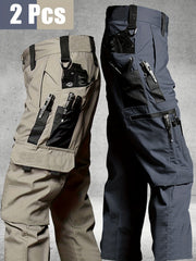 2pcs Men's Tactical Cargo Pants, Durable Multi-Pocket Work Pants for Outdoor Construction Work, Hiking And Trekking, Casual Tactical Pants | Adjustable Waist Pants | Hiking Gear (No Belt)