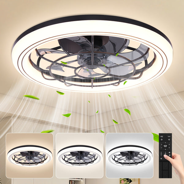 Modern 3-Color Temperature LED Ceiling Fan with Remote Control - Quiet Invisible Fan & Light, Semi-Flush Mount for Living Room, Bedroom, Dining Room - Energy Efficient Home Lighting, Bedroom Air Circulation, Sleek Light Fixture, Durable Plastic
