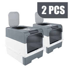 2PCS XL Large Cat Litter Box Self Cleaning Pan Drawer Anti-Splashing Cat Potty Tray Grey 49X35X37CM