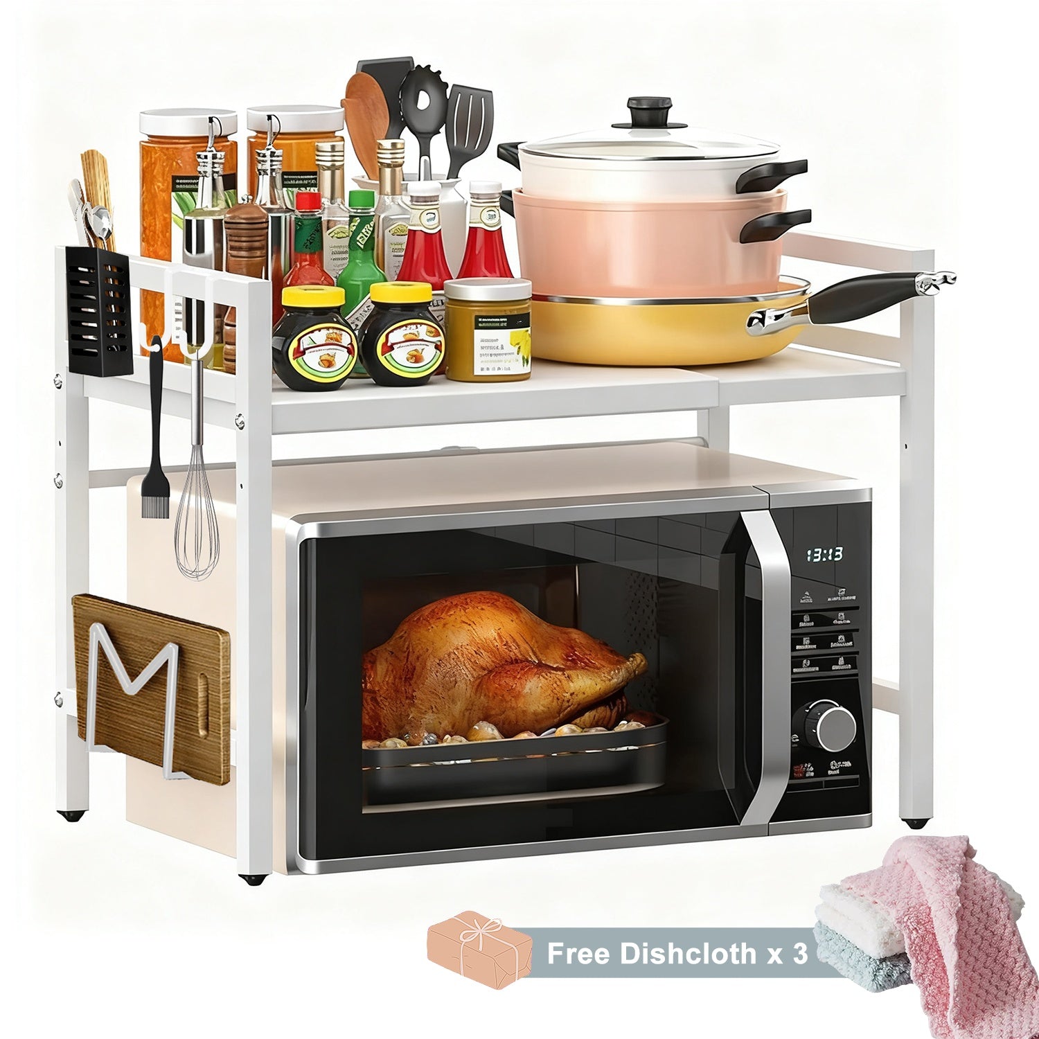 2/3-tier Expandable Microwave Oven Rack Countertop with 4 Hooks, Includes A Chopstick Holder, Cutting Board Holder, And 3 Towels. Kitchen Storage And Organization; Adjustable From 40-64cm; Suitable for All Kitchens (black, White).