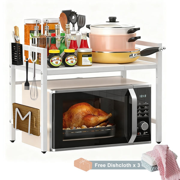 2/3-tier Expandable Microwave Oven Rack Countertop with 4 Hooks, Includes A Chopstick Holder, Cutting Board Holder, And 3 Towels. Kitchen Storage And Organization; Adjustable From 40-64cm; Suitable for All Kitchens (black, White).
