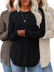 Ladies' Basic Long-Sleeve Sweater, Loose-Fit Top with Elegant Crew Neck.